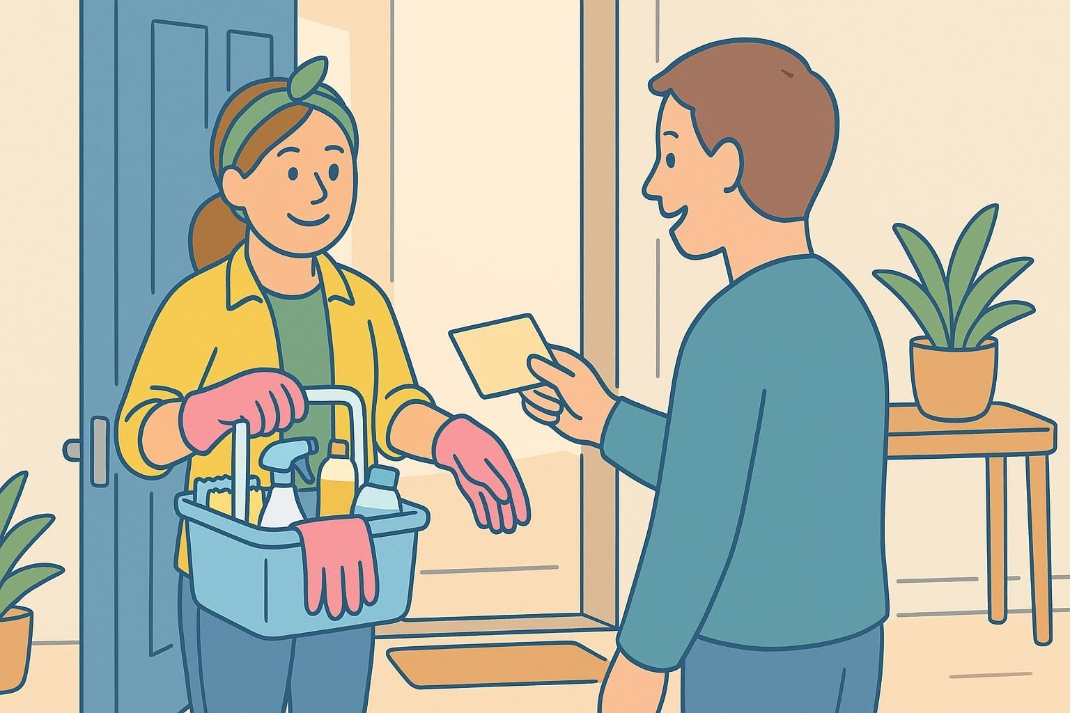 Woman with cleaning supplies at a door, receiving a card from a person; plants in background.