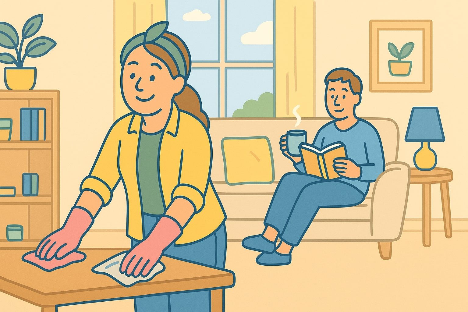 Woman cleaning table, man reading on sofa in warm-coloured living room.