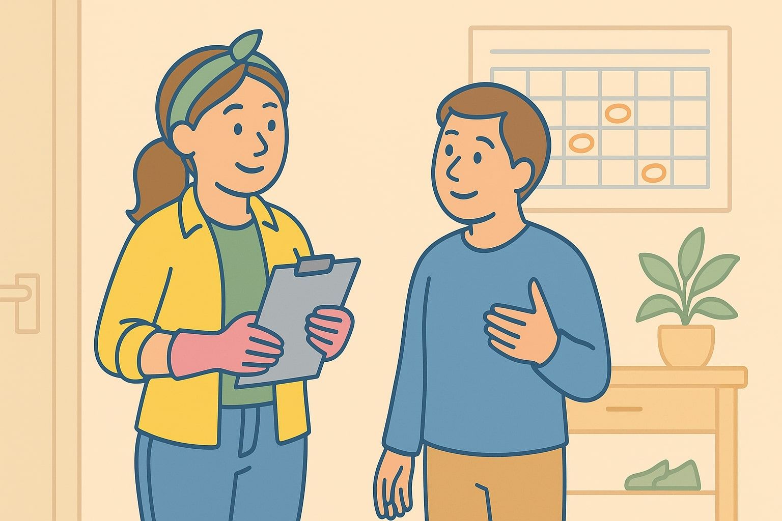 Woman in cleaning attire with clipboard talks to a person; a calendar hangs on the wall.