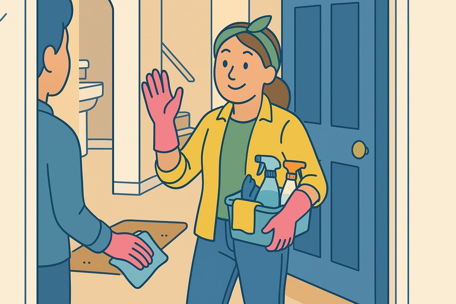 Woman in pink gloves and headband waves, holding cleaning supplies, at a person by a doorway.