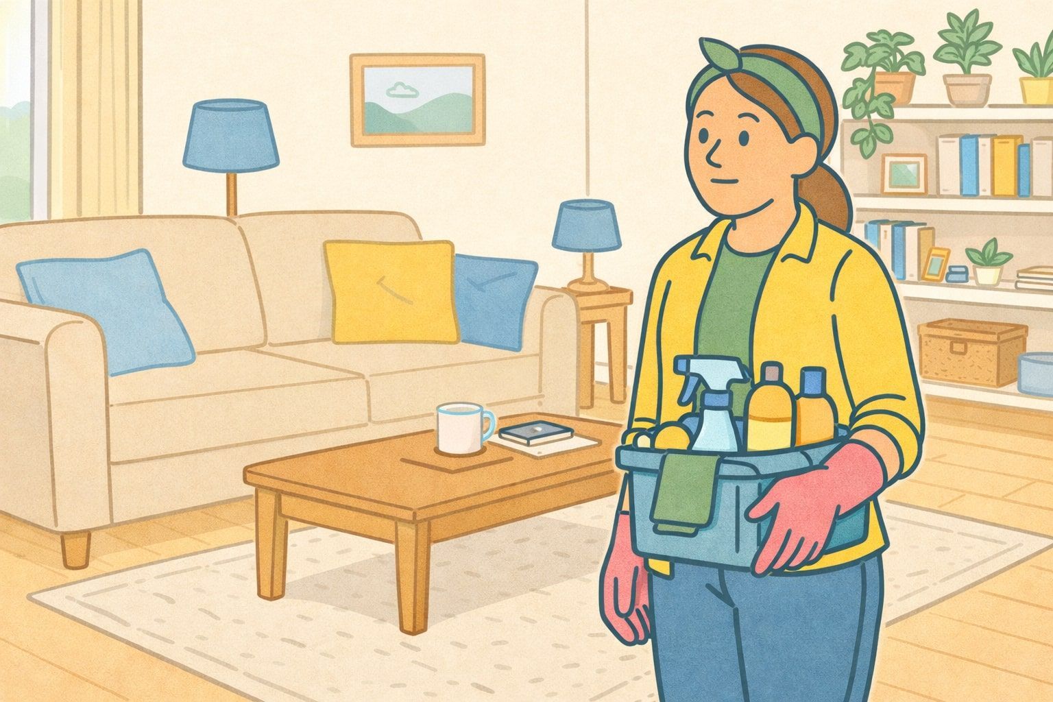 Woman holding cleaning supplies in a living room, looking to the side.