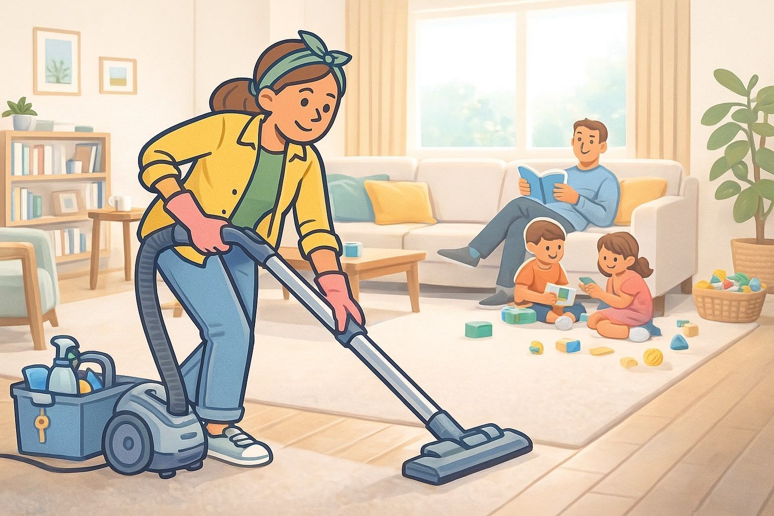 Woman vacuums living room while family relaxes.