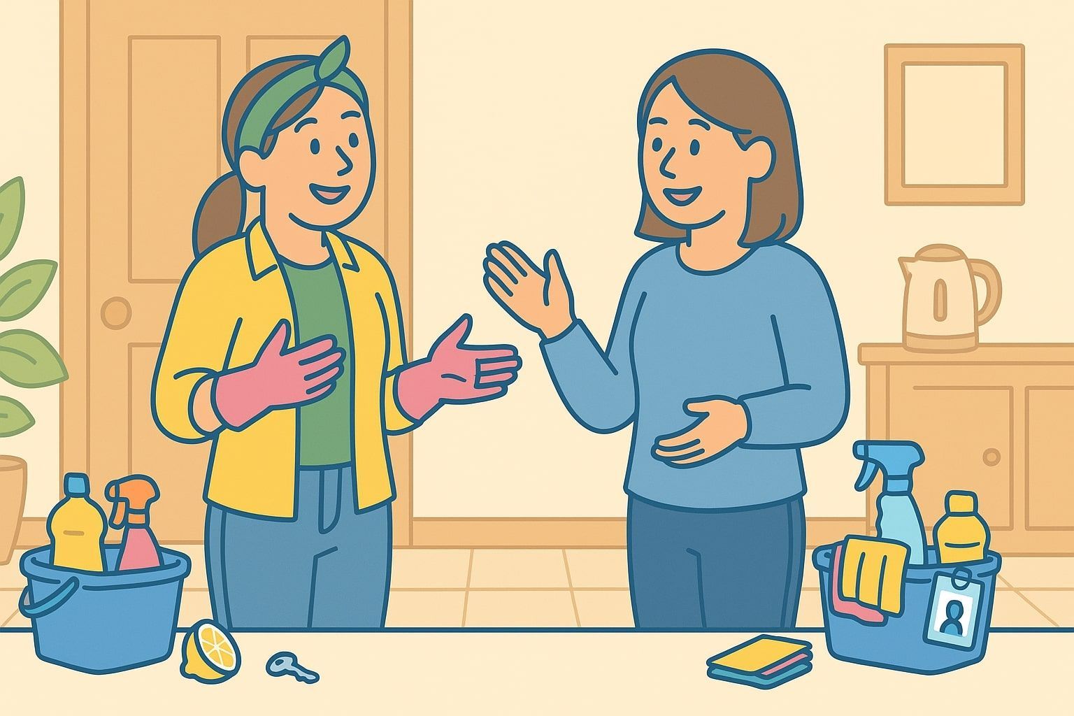 Two women talking in a kitchen, one wearing cleaning gloves and a headband, surrounded by cleaning supplies.