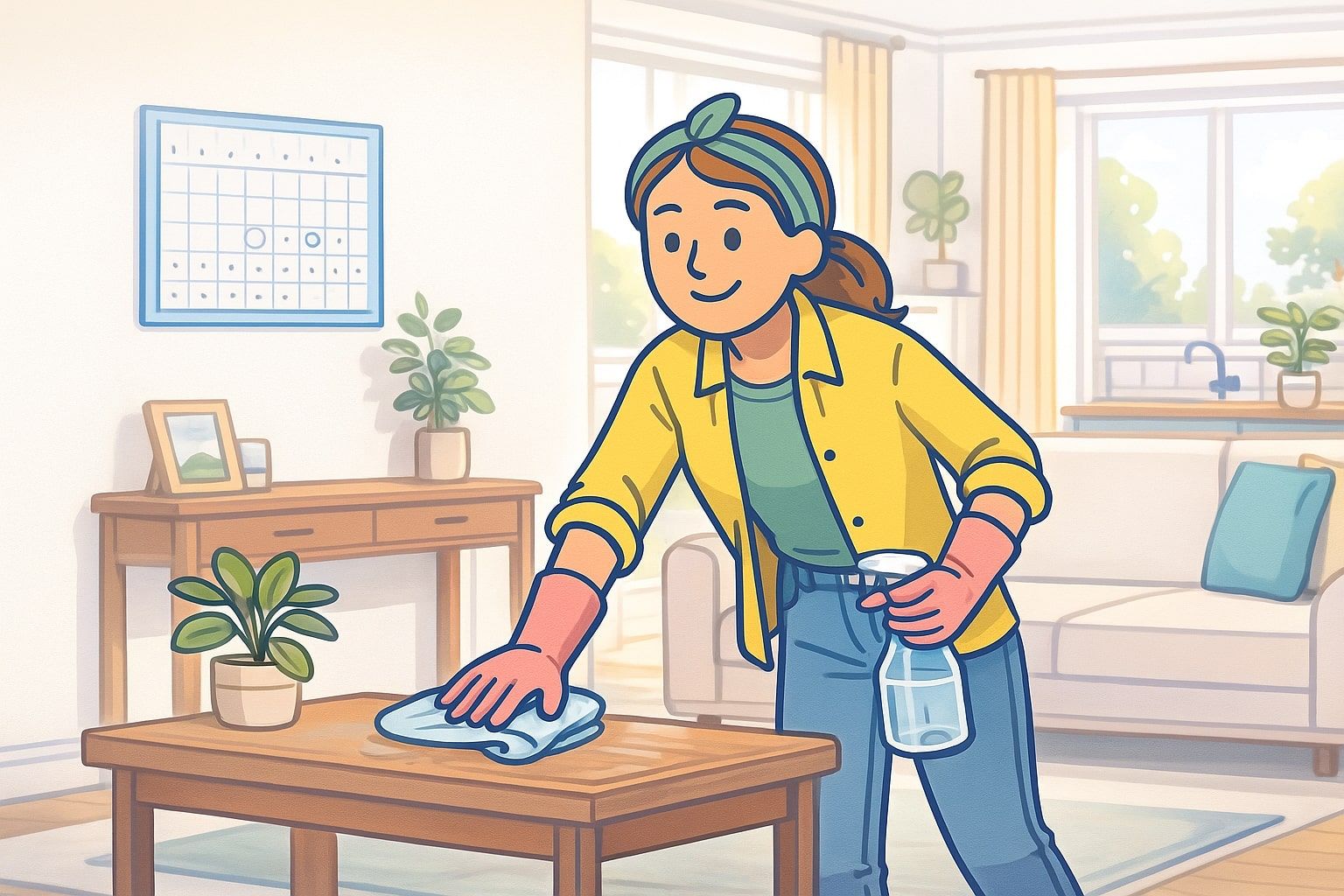 Woman cleaning a table in a brightly lit living room. She wears a headband, gloves, and sprays cleaner.