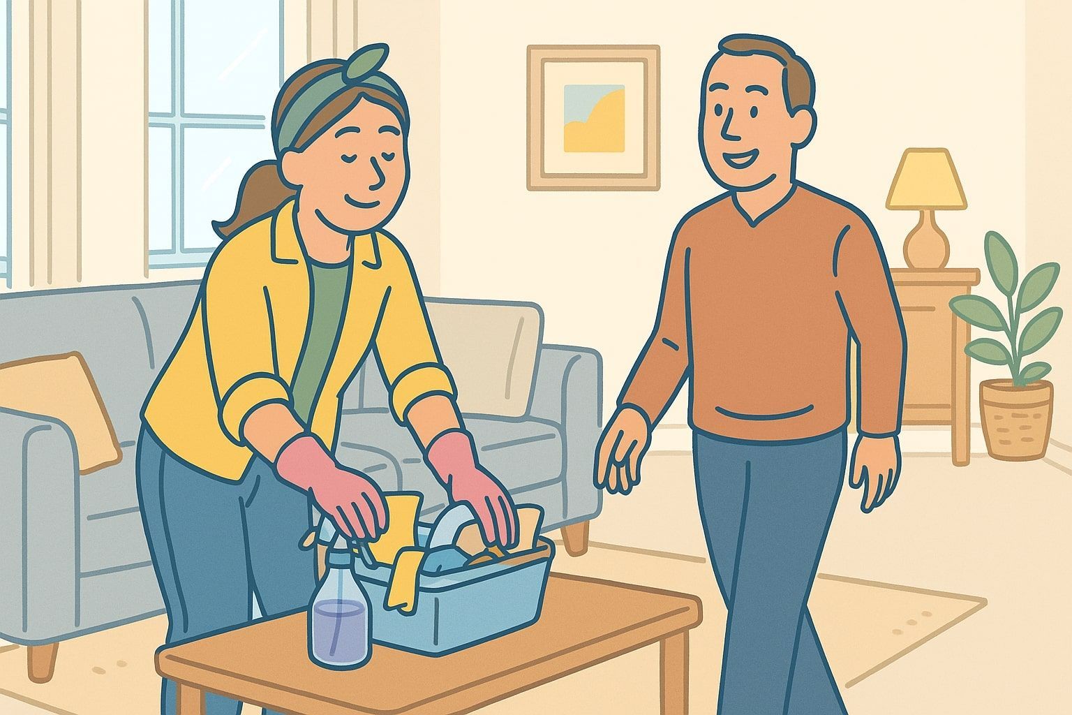 Woman cleaning a table, man smiling in a living room. Cleaning supplies are visible.