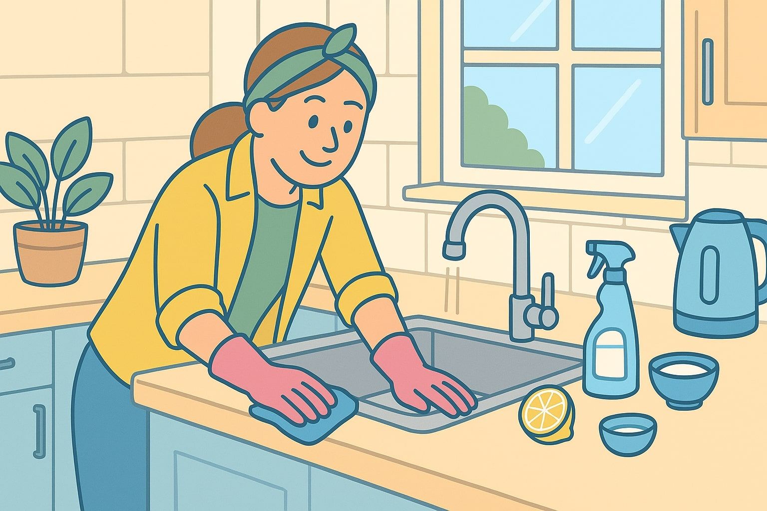Woman cleaning kitchen counter wearing pink gloves.