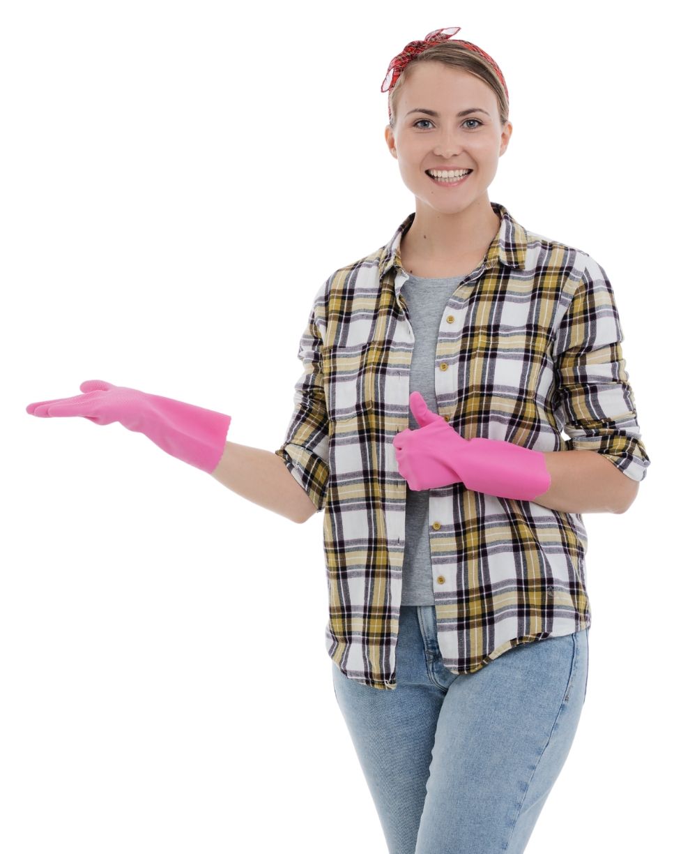 House cleaner giving a thumbs-up gesture while confidently holding a cleaning materials.