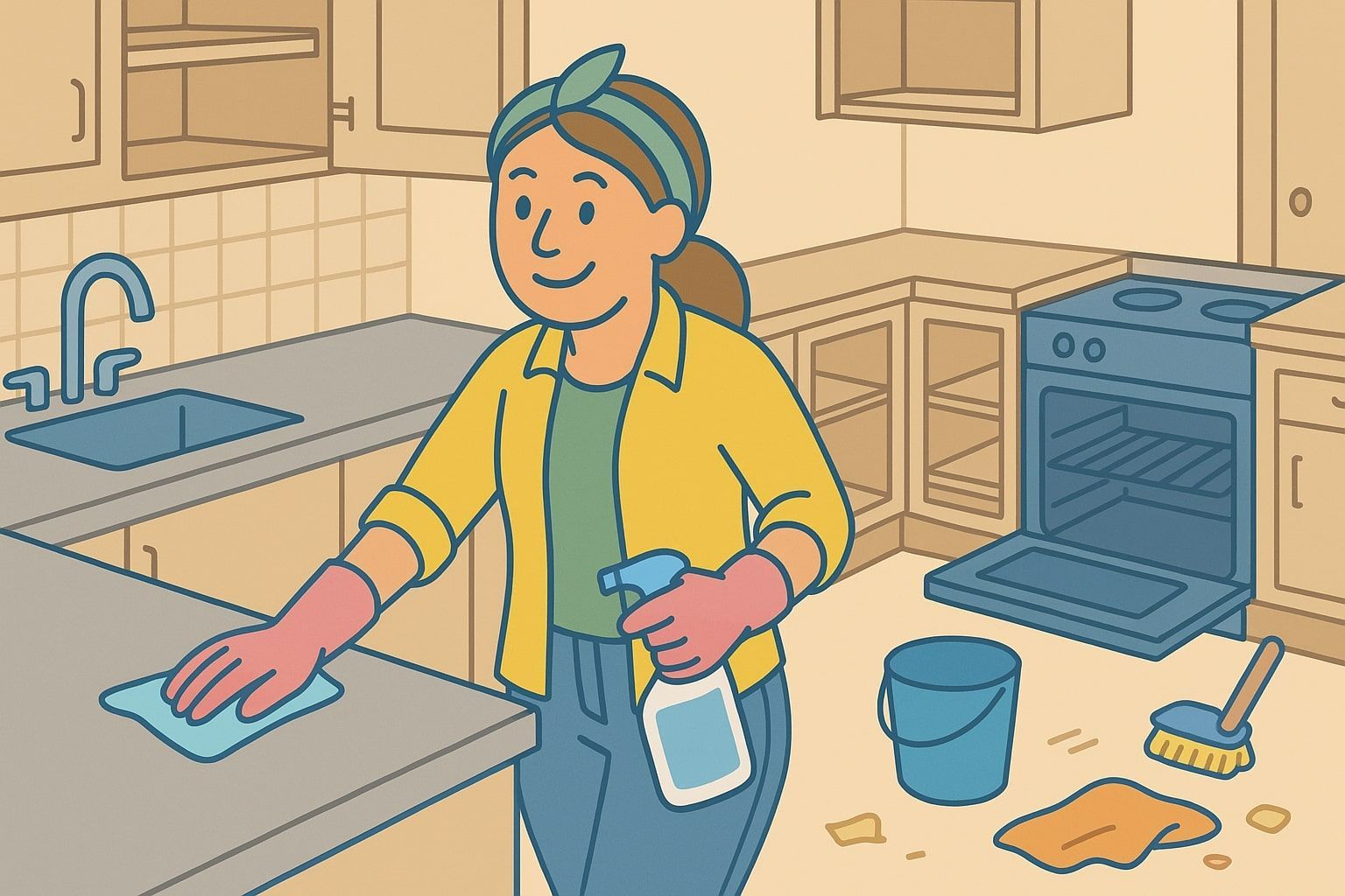 Woman cleaning a kitchen, wiping the counter with a cloth and spraying cleaner.