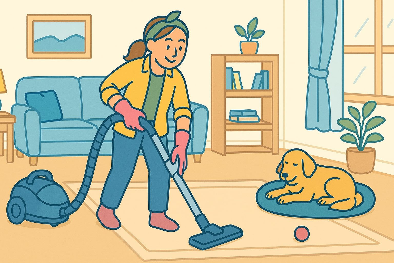 Woman vacuuming a carpeted room while a dog rests on a bed nearby.