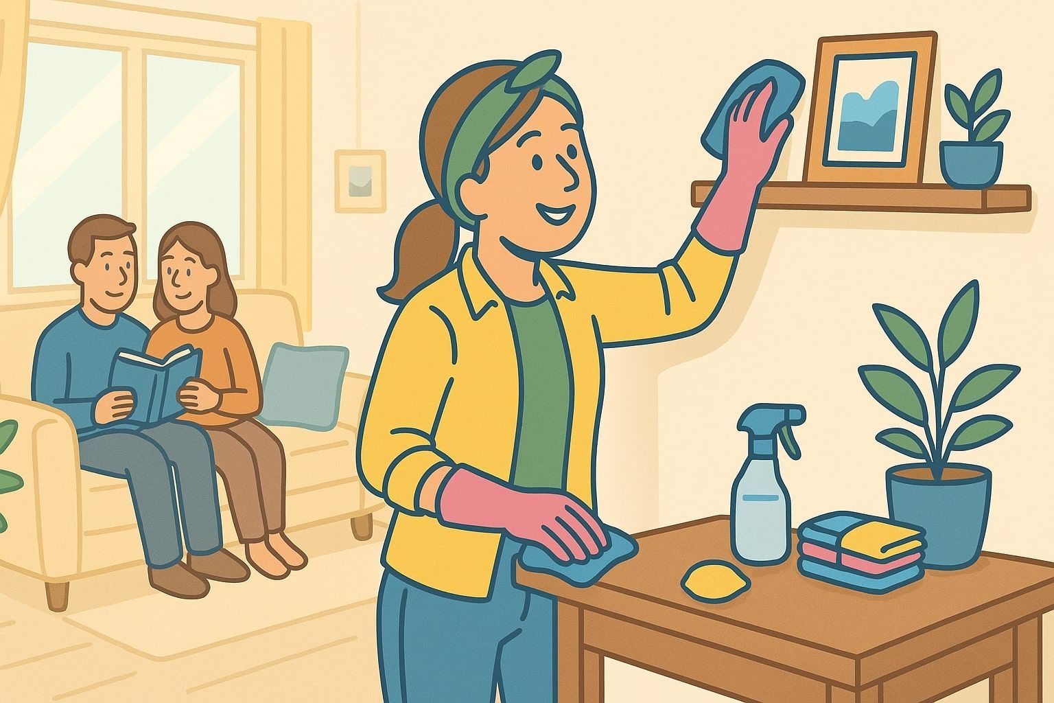 Woman cleaning shelf; couple reads on couch in living room.