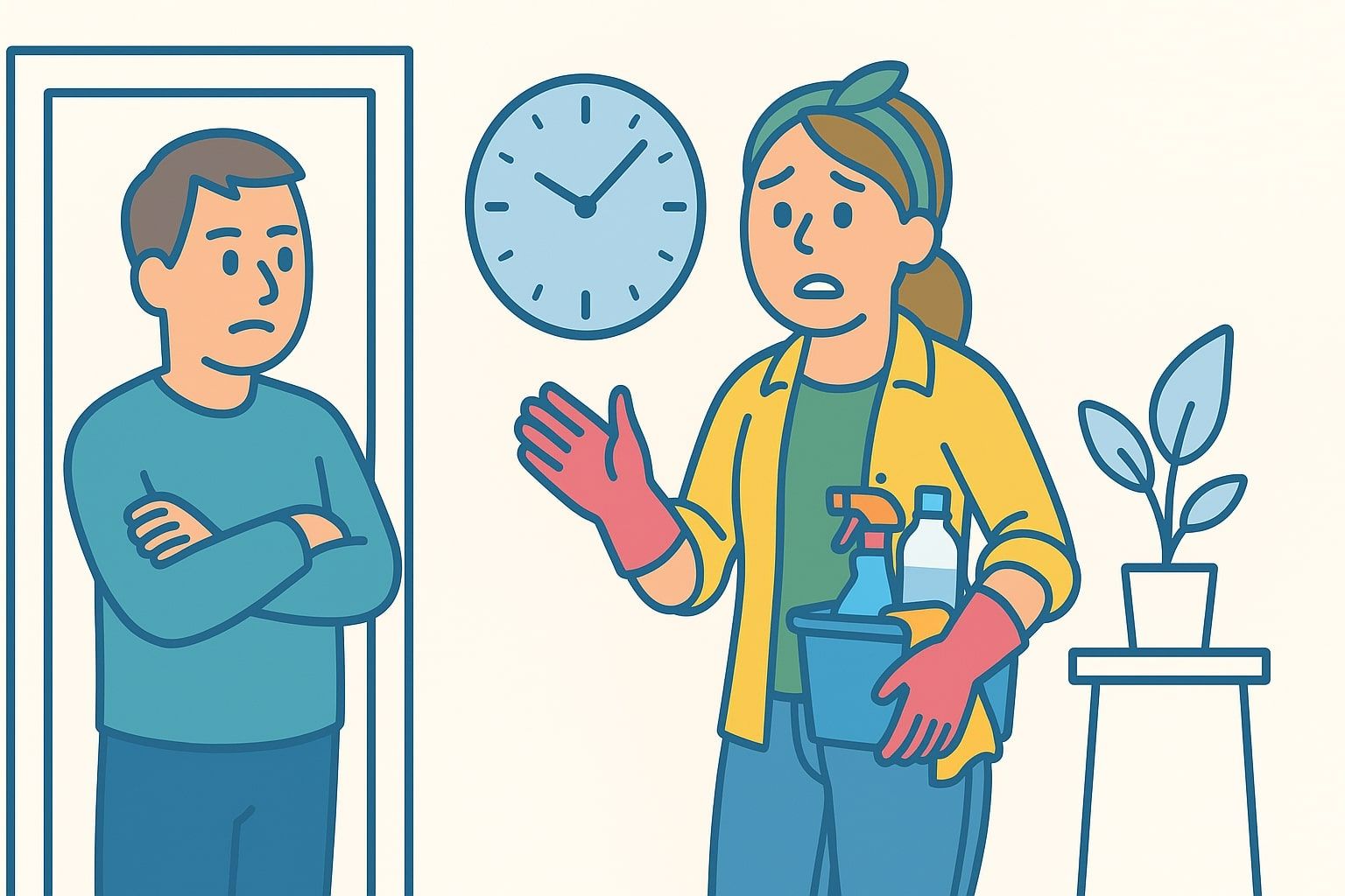A woman holding cleaning supplies gestures at a man with folded arms; clock above.