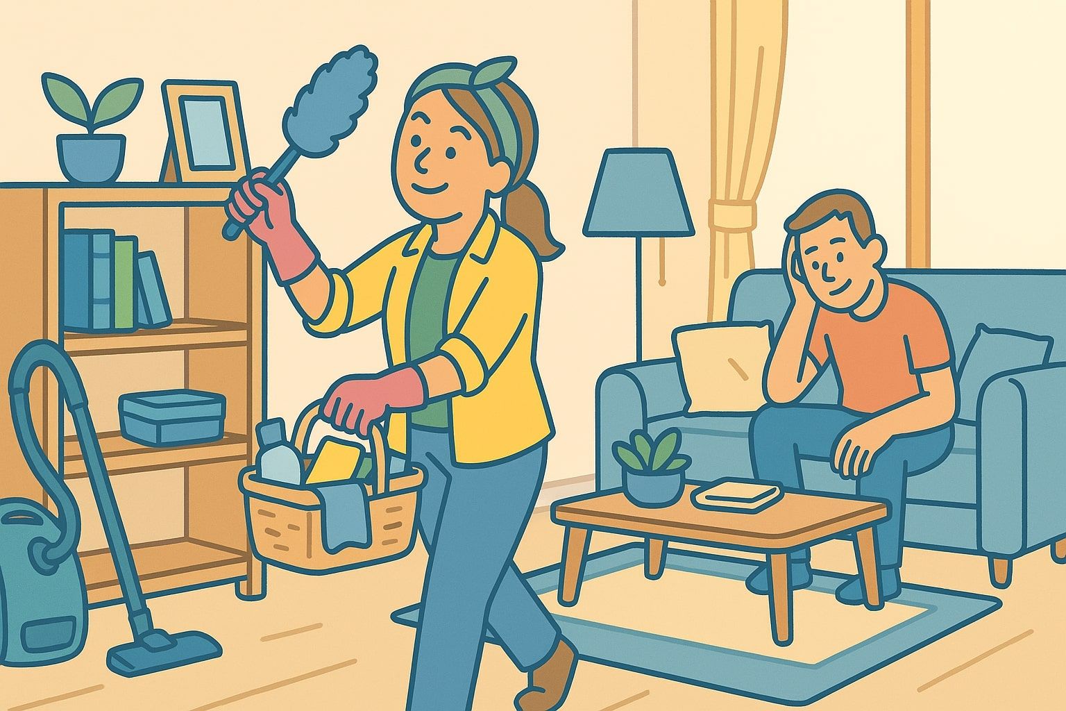 Woman dusting in a living room, smiling, with a man resting on the couch.
