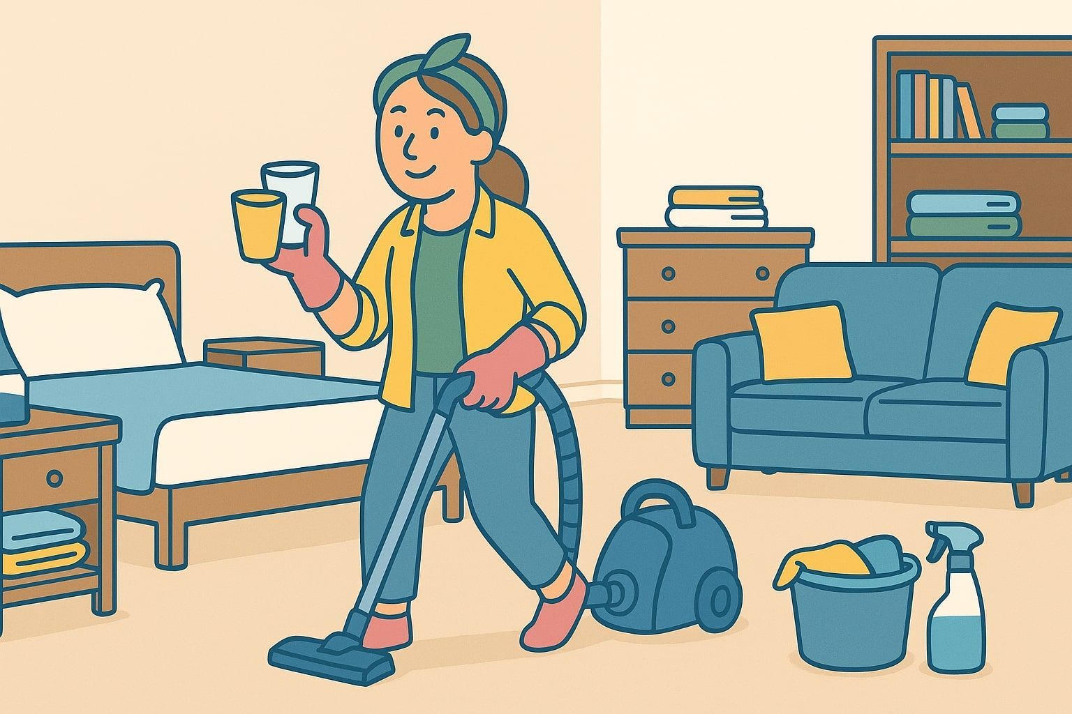 Woman vacuuming a room with cleaning supplies. She holds glasses, wears gloves, and smiles.