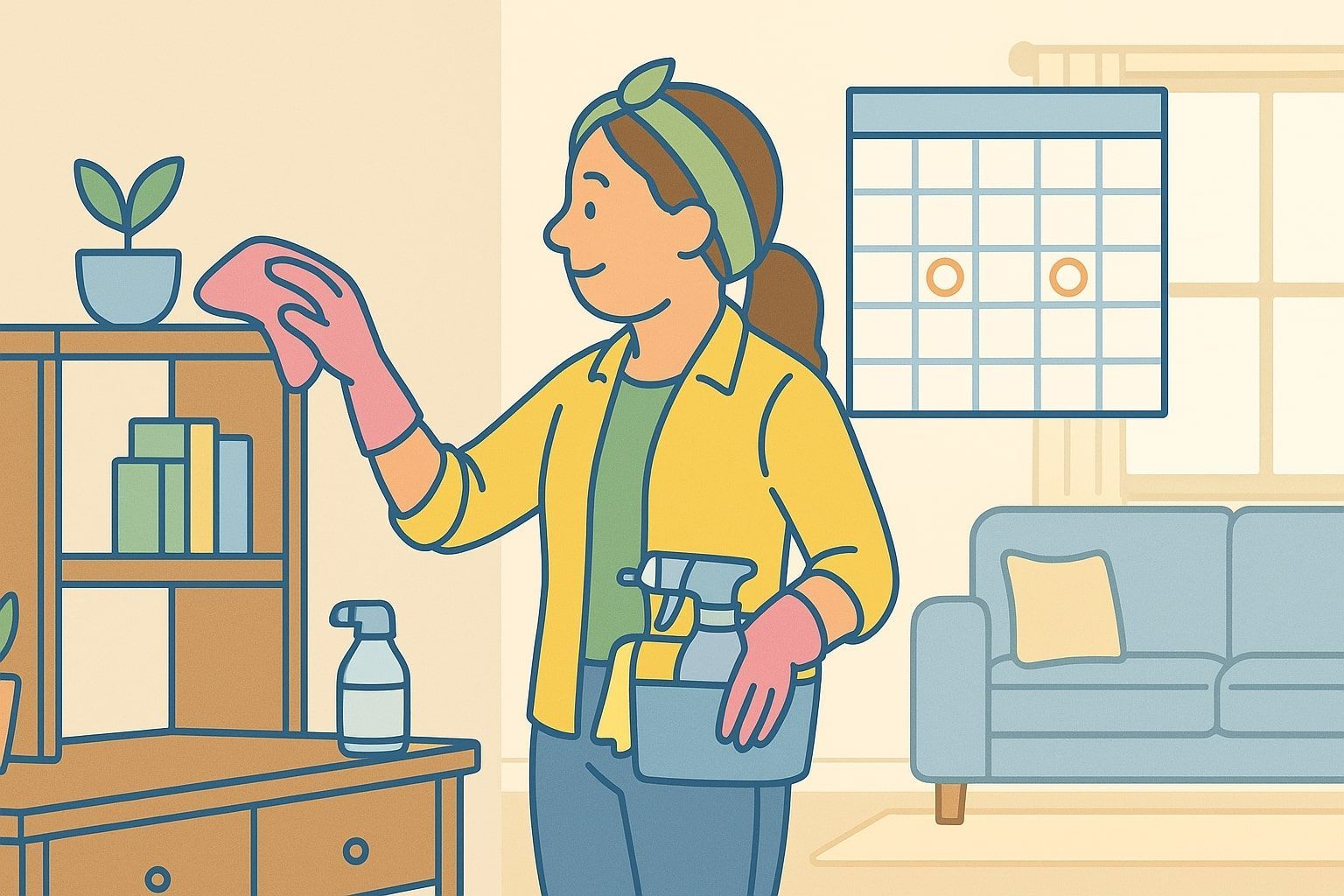 Woman dusting a shelf in a living room, holding cleaning supplies, with a calendar and sofa in the background.