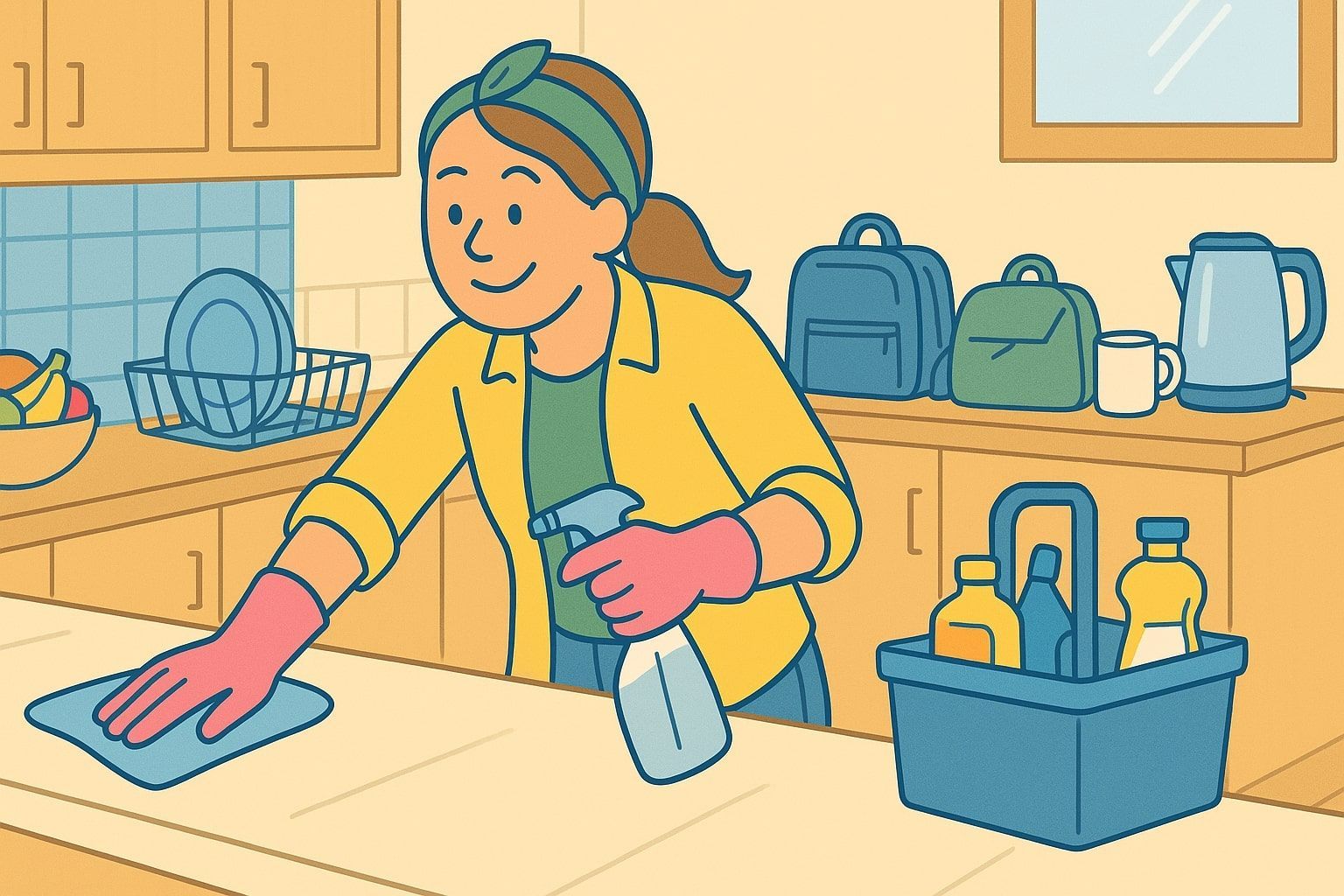 Woman cleaning a kitchen counter with a spray bottle, wearing gloves.