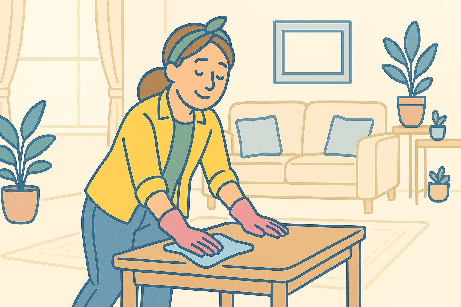Woman wearing gloves cleaning a wooden table in a living room.
