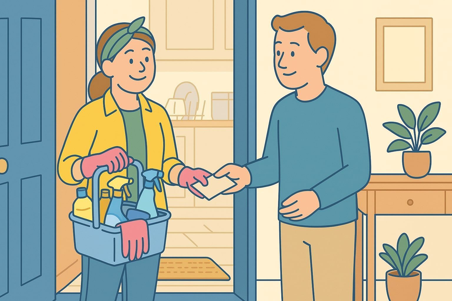 Woman with cleaning supplies at a doorway, receives payment from a man inside a house.