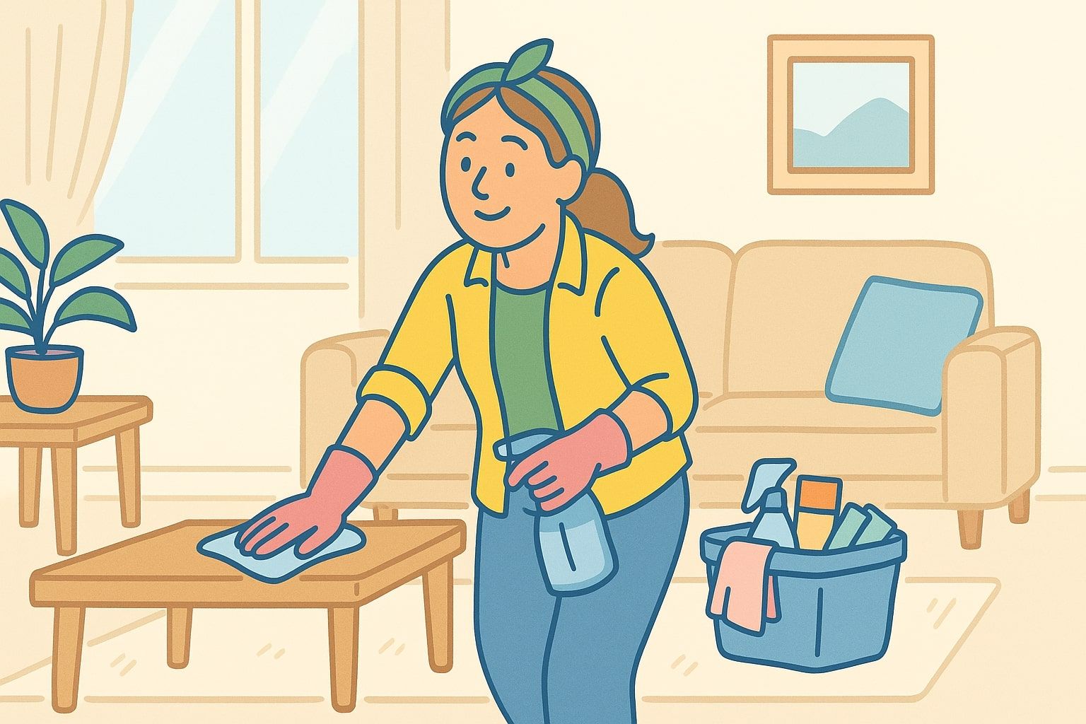 Woman cleaning a table in a living room; wearing gloves, using a spray bottle and cloth.