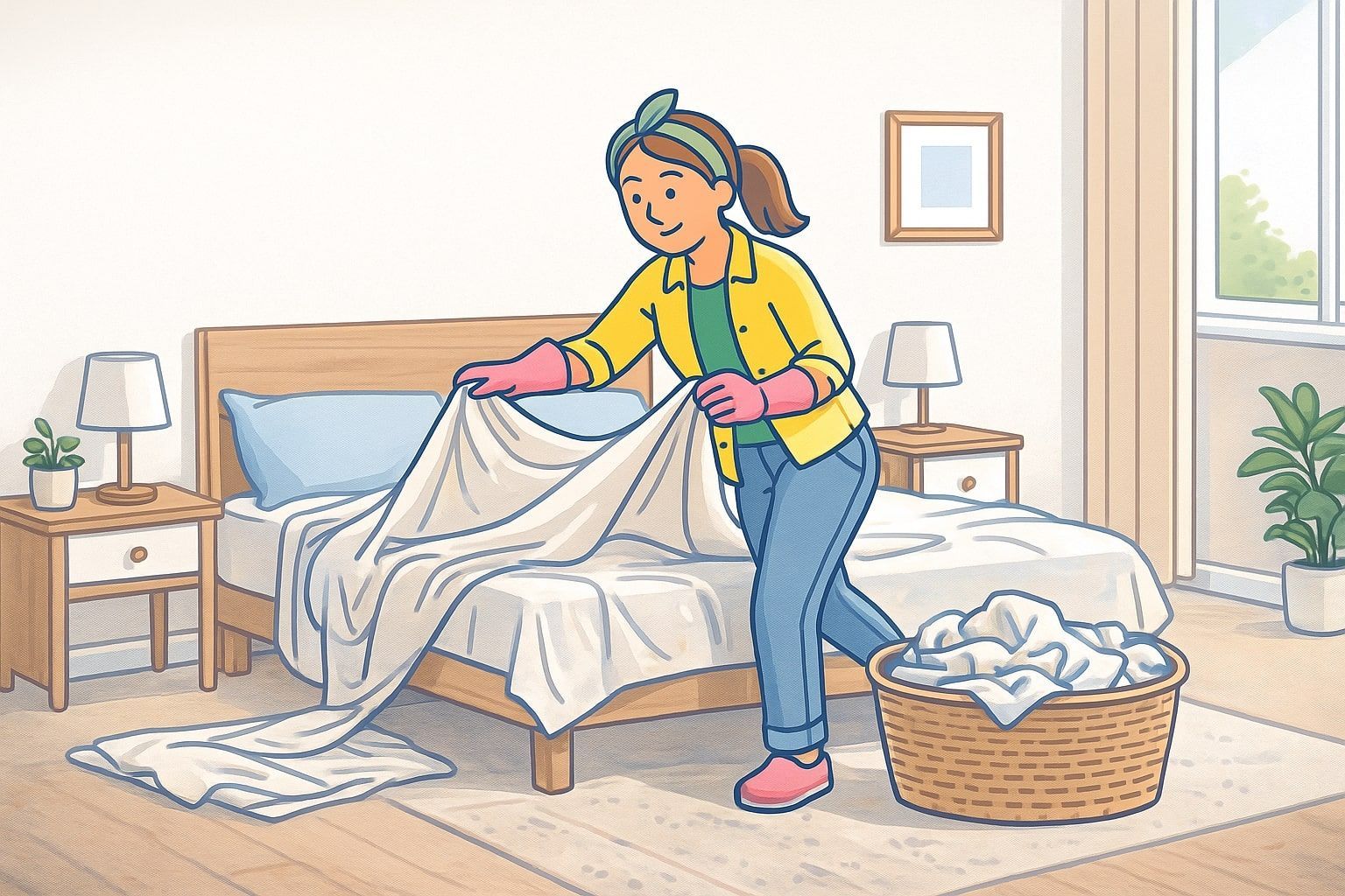 Woman making a bed, holding sheet, wearing gloves and yellow shirt.