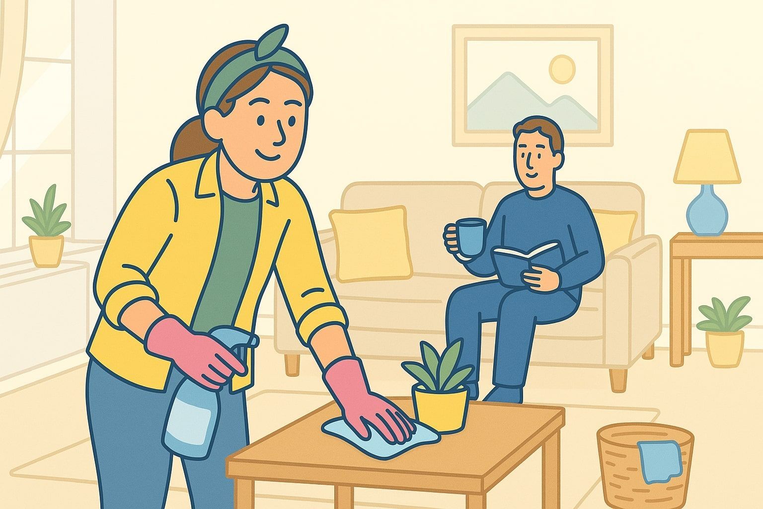 Woman cleaning table; man reading on couch. Living room scene; yellow, blue and neutral colours.