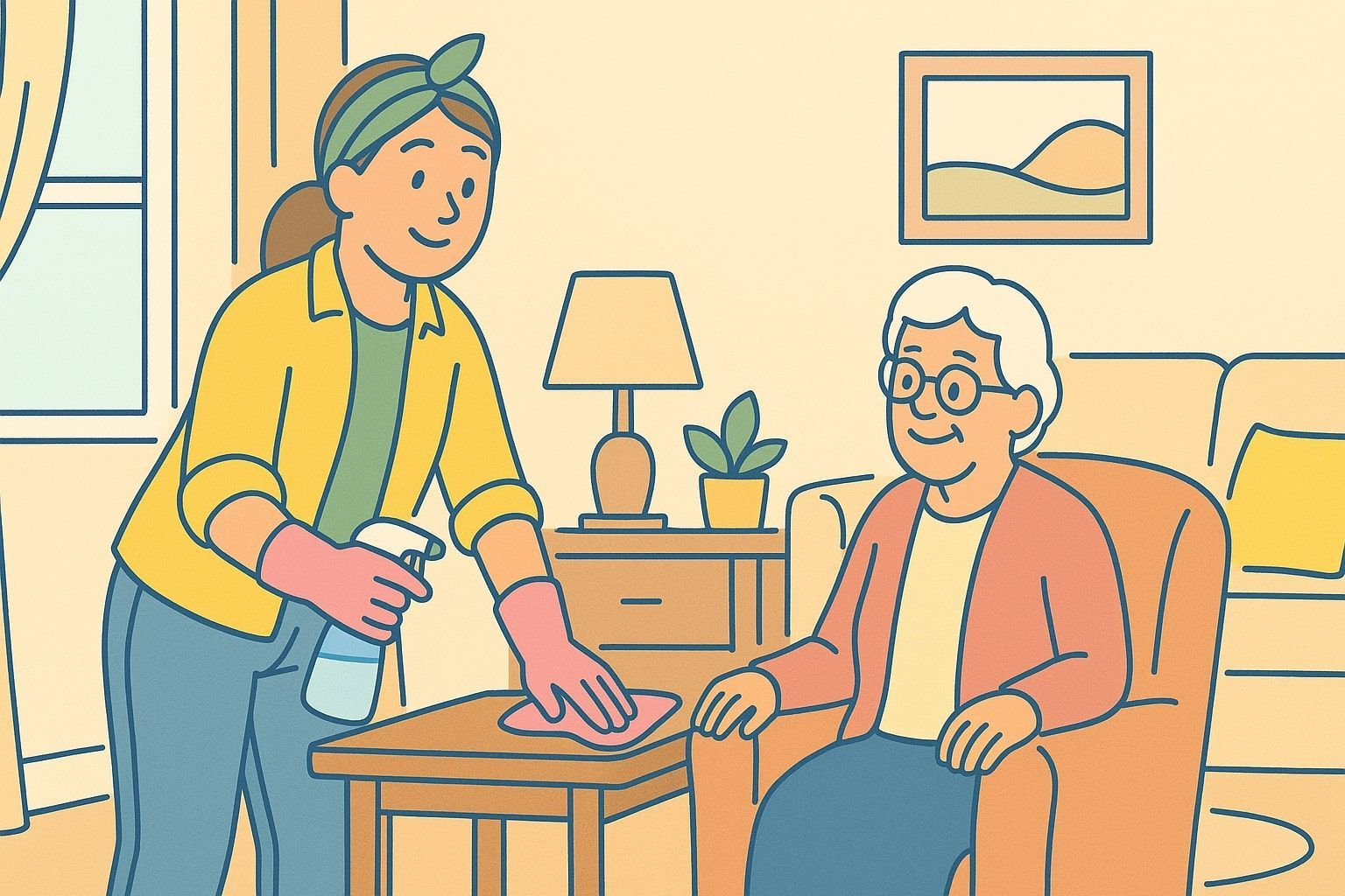 Woman cleaning a table for an older woman seated in a living room.