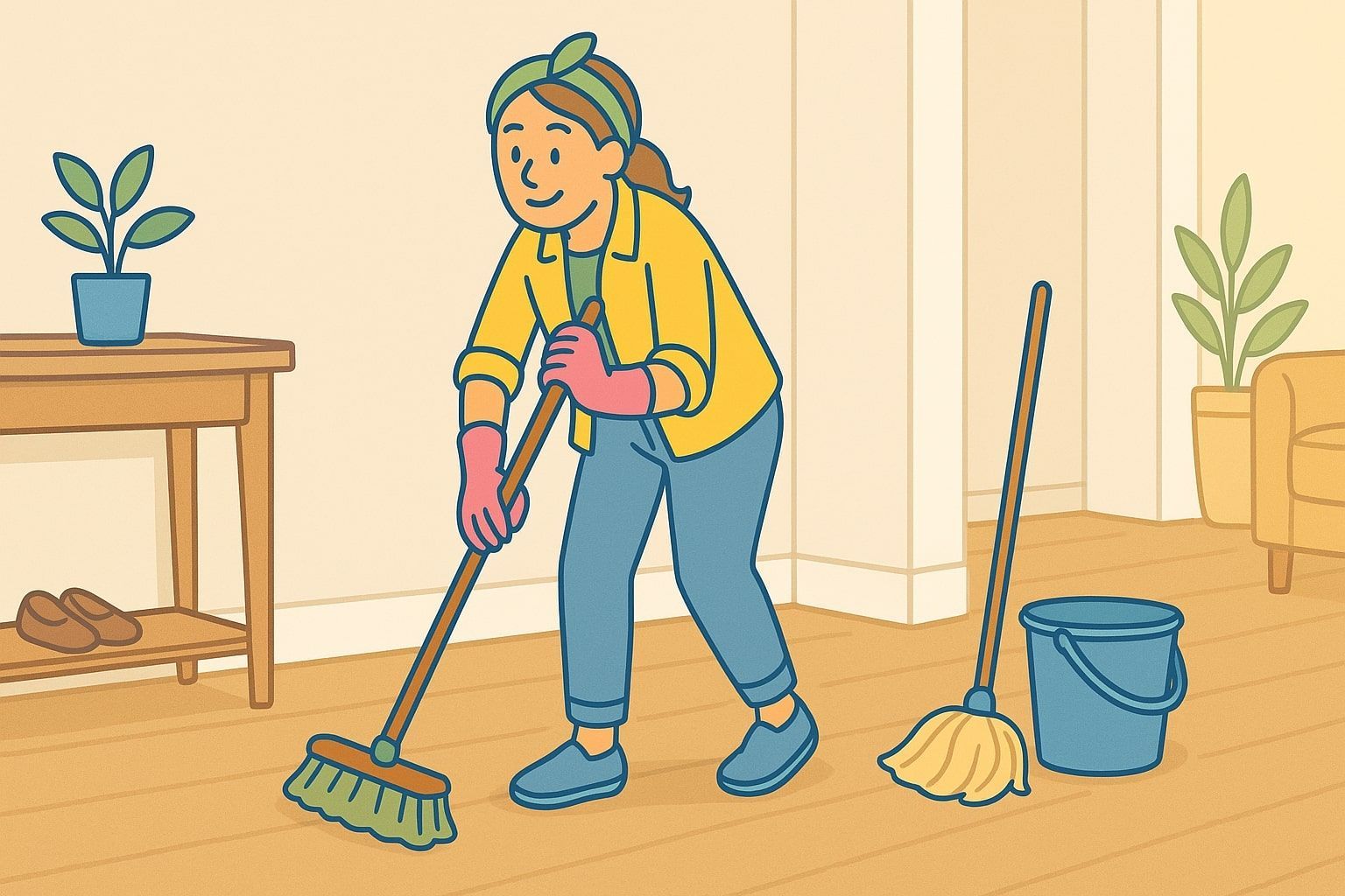 Woman sweeping wooden floor with a broom. She is wearing a yellow jacket and pink gloves. A mop and bucket are nearby.