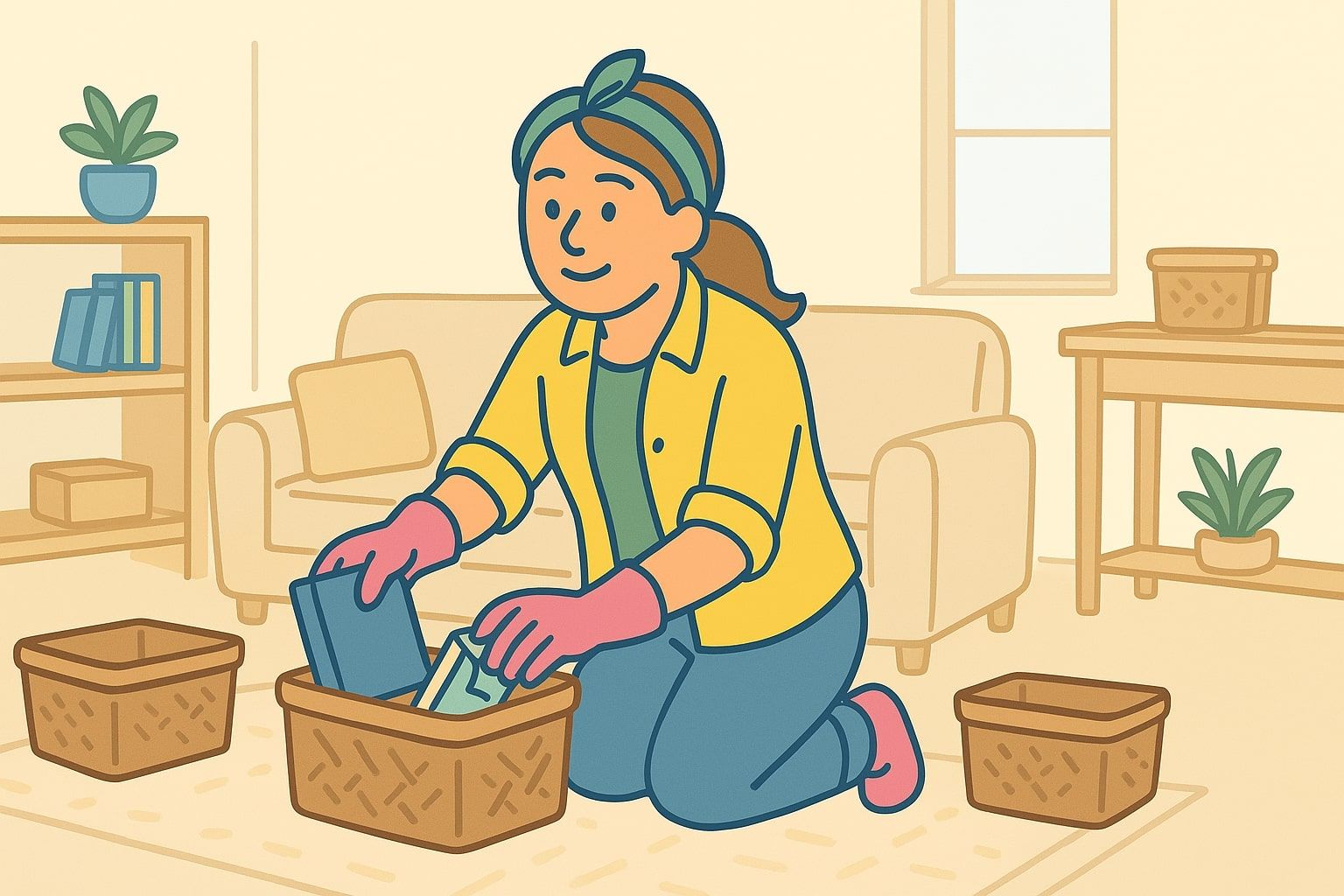 Woman organizing items into baskets while cleaning her home.