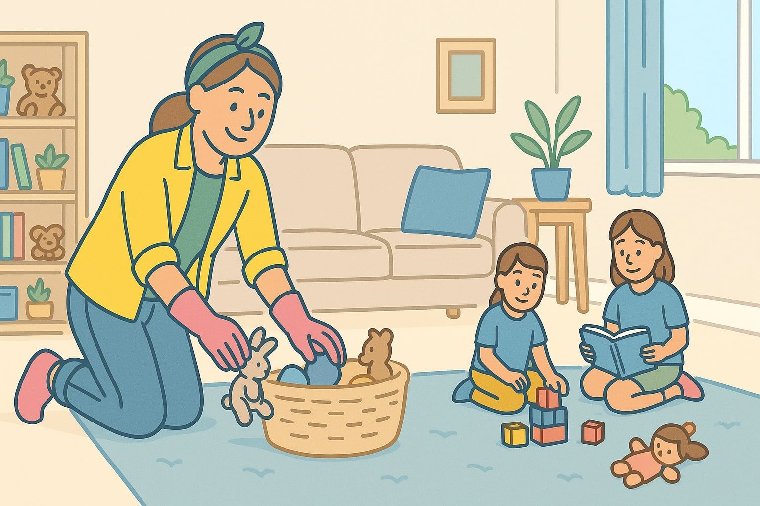 Woman in gloves cleaning toys while children play on a rug in a living room.