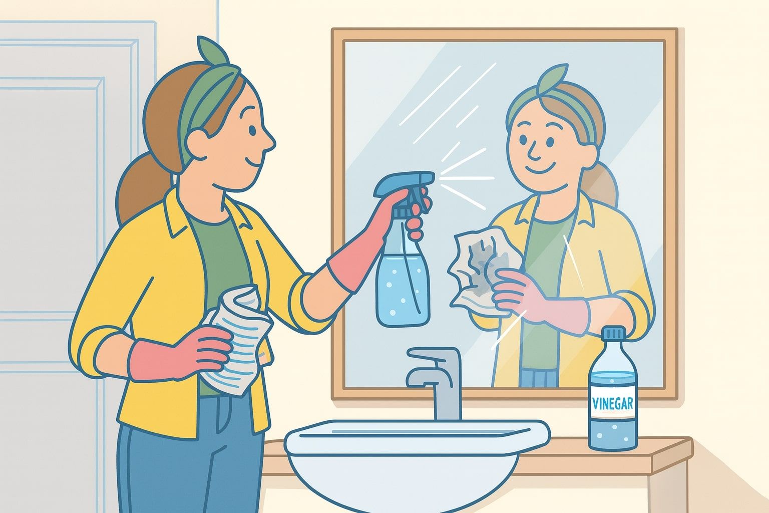 Woman cleaning mirror in bathroom with spray bottle and cloth.