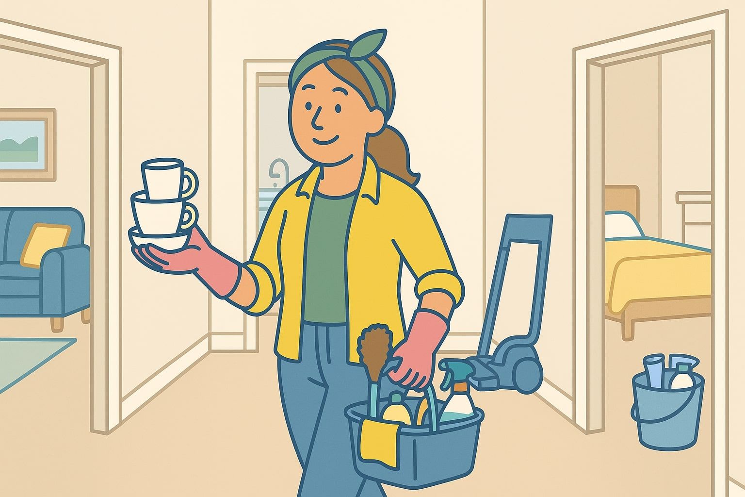 Woman carrying dishes and cleaning supplies in a hallway, smiling.