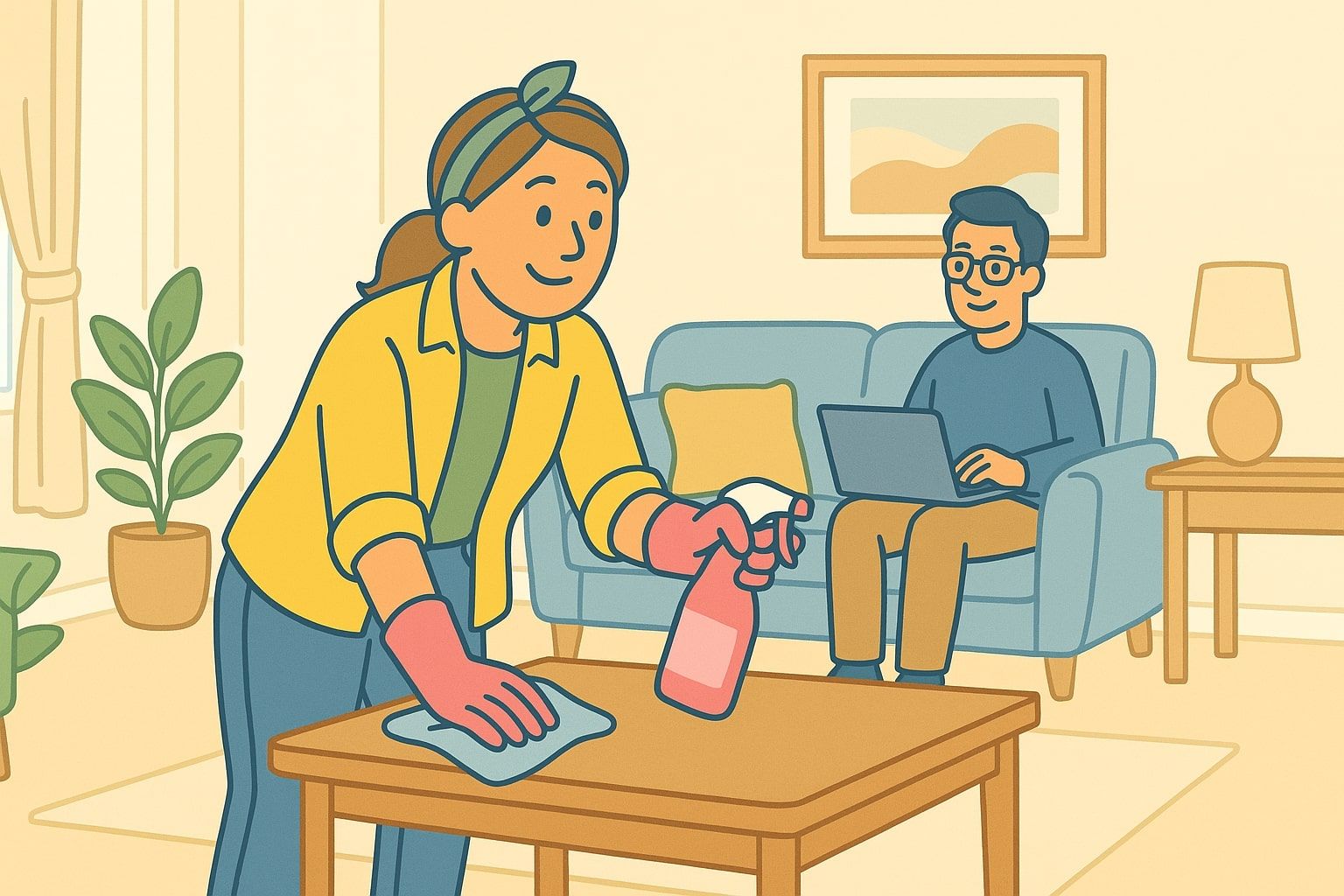 Woman cleaning table while man works on laptop in living room.