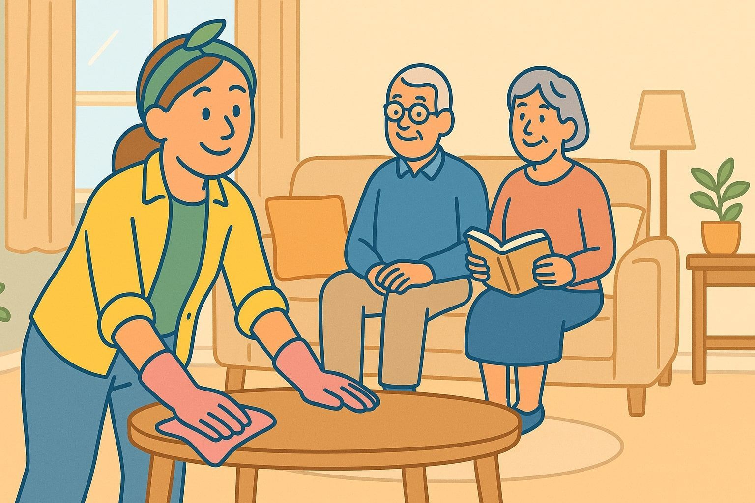 Woman cleaning table, elderly couple on couch in a living room.