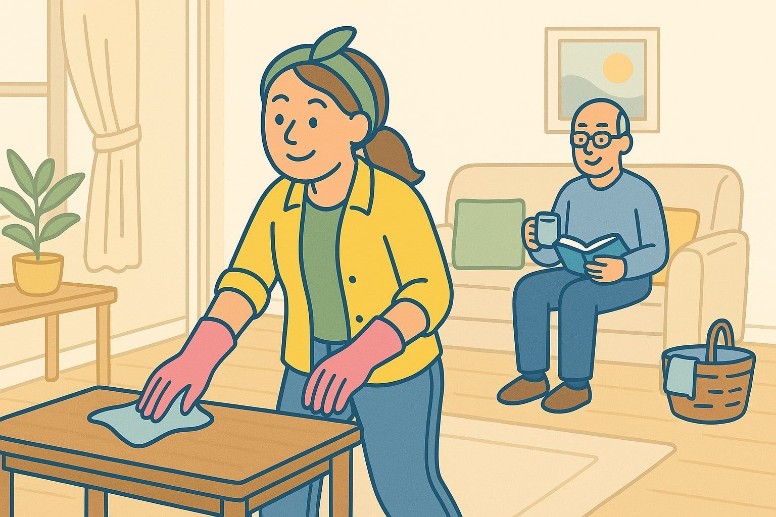 Woman cleaning a table, man reading on a couch in a living room.