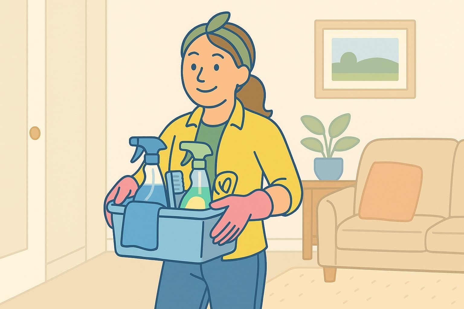 Woman wearing gloves and a headband holds cleaning supplies in a basket in a living room.