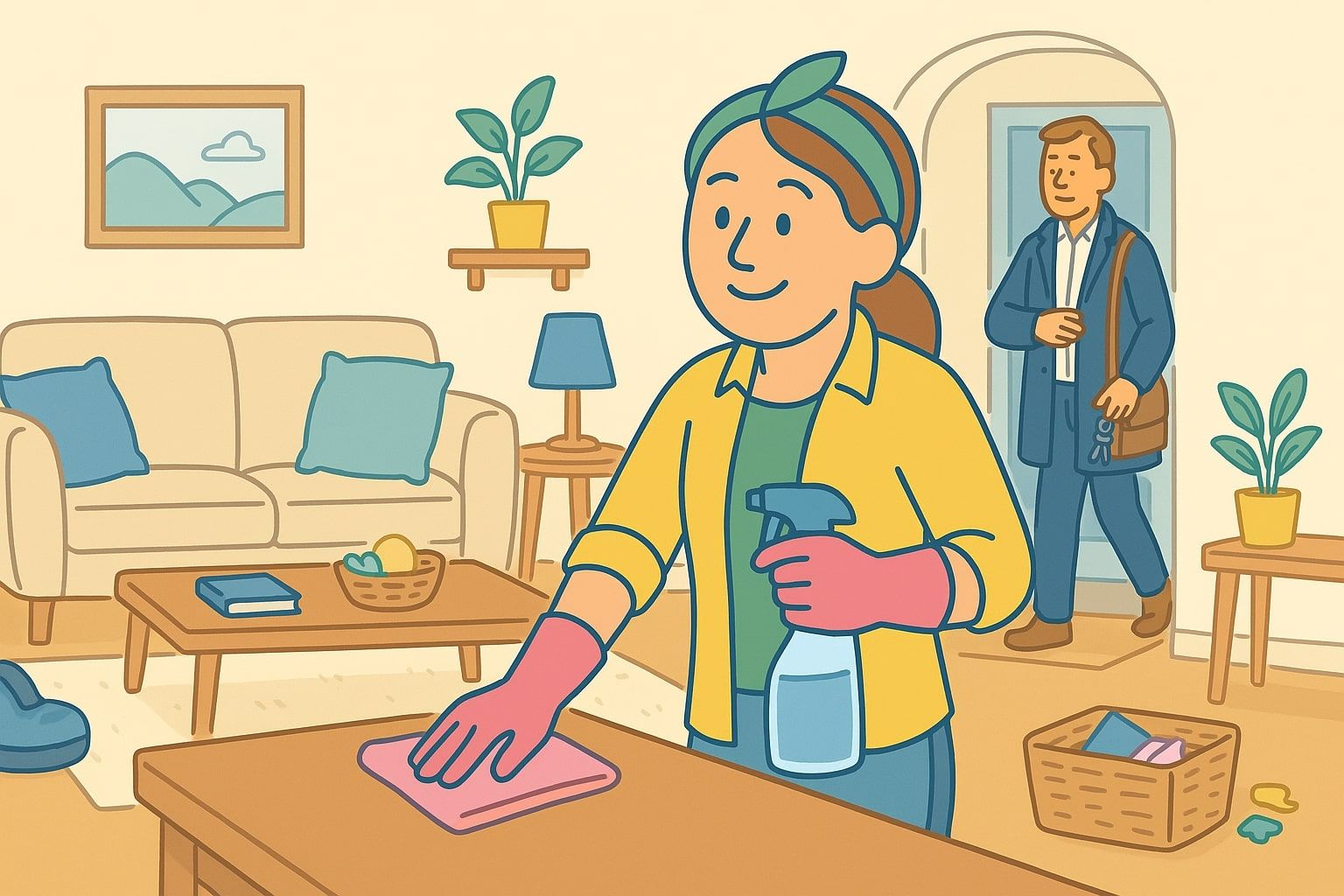 Woman cleaning a table as a man enters a living room.