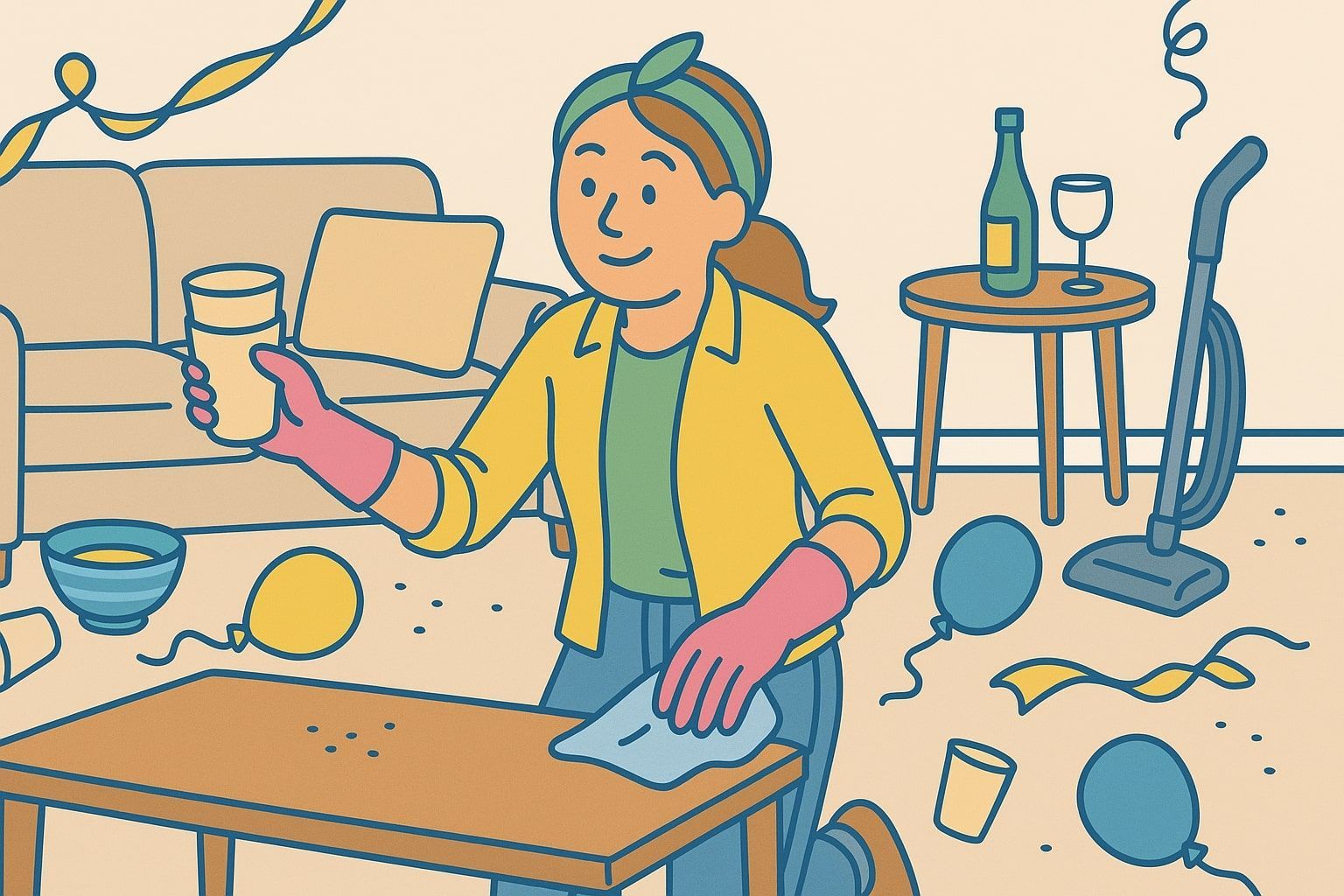 Woman cleaning a messy room after a party, holding a glass and wiping a table.