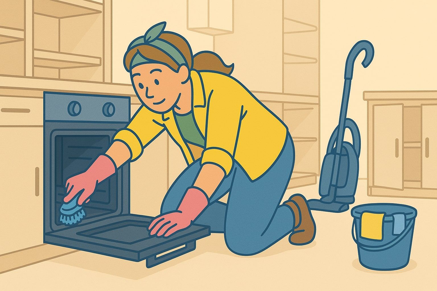 Woman cleaning an oven in a kitchen, using a brush and wearing gloves.