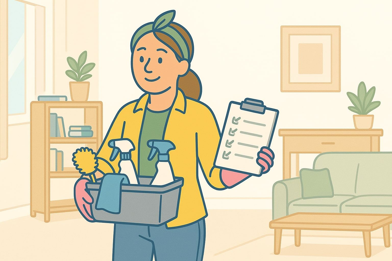 Woman holding cleaning supplies and a checklist, smiling in a living room.