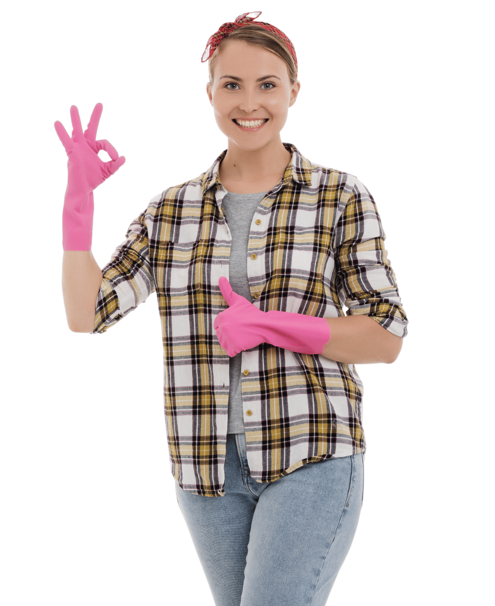 A female house cleaner expressing approval with an 'OK' gesture and thumbs-up.