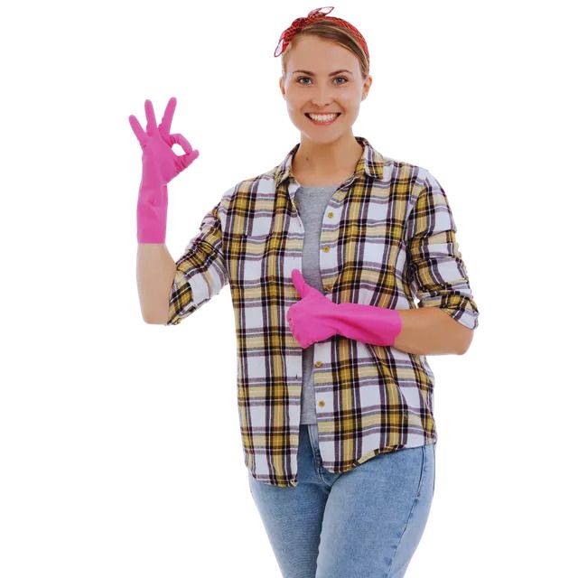 A female house cleaner expressing approval with an 'OK' gesture and thumbs-up.