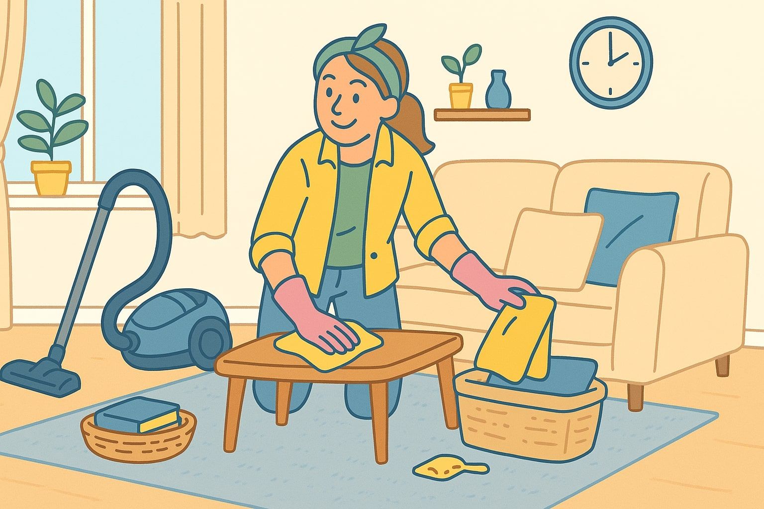 Woman cleaning a living room: wiping a table, vacuum cleaner, couch, plants, clock.