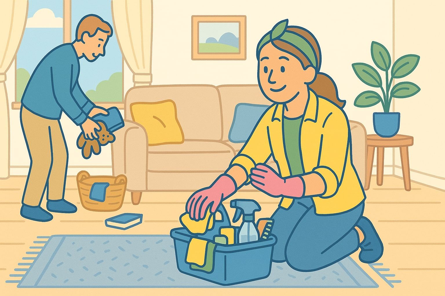 Woman in pink gloves cleans; man folds clothes in living room.