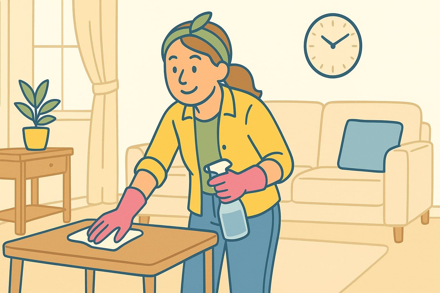 Woman cleaning a wooden table in a living room, wearing pink gloves and holding a spray bottle.