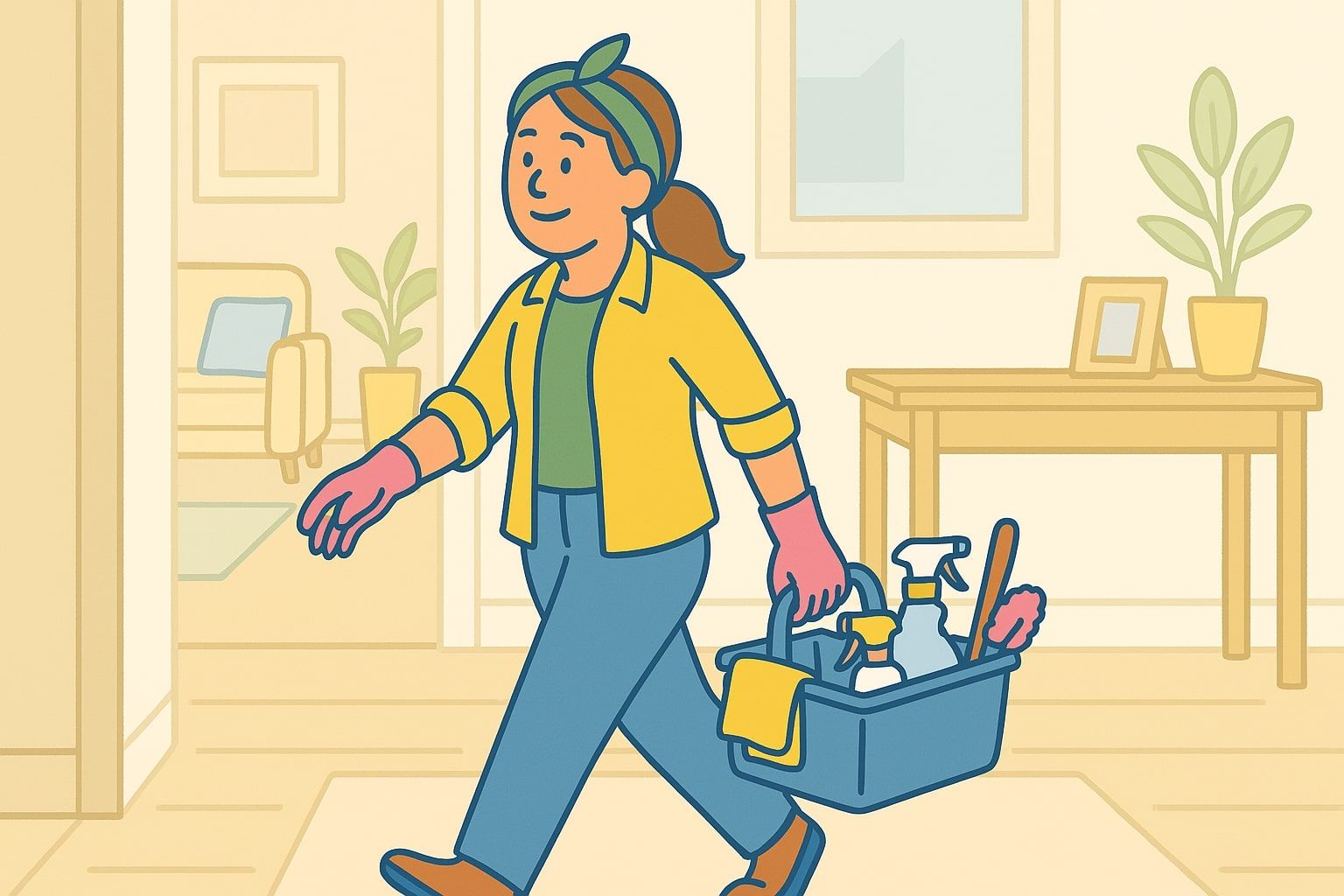 Woman in cleaning gloves and headband carrying a cleaning caddy, walking in a brightly lit house.