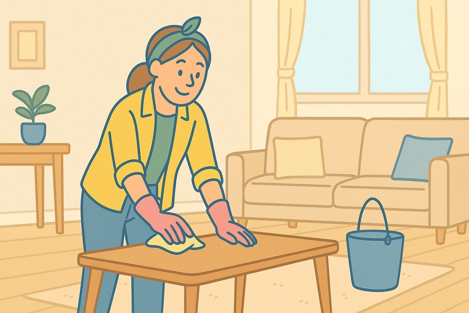 Woman in yellow shirt and gloves cleaning a wooden table in a living room.