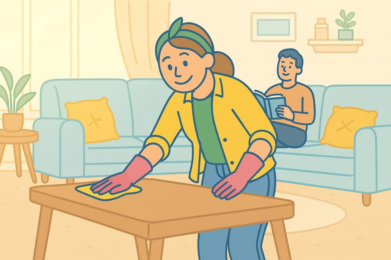 Woman wiping a table with gloves; man sits on sofa. Living room setting.