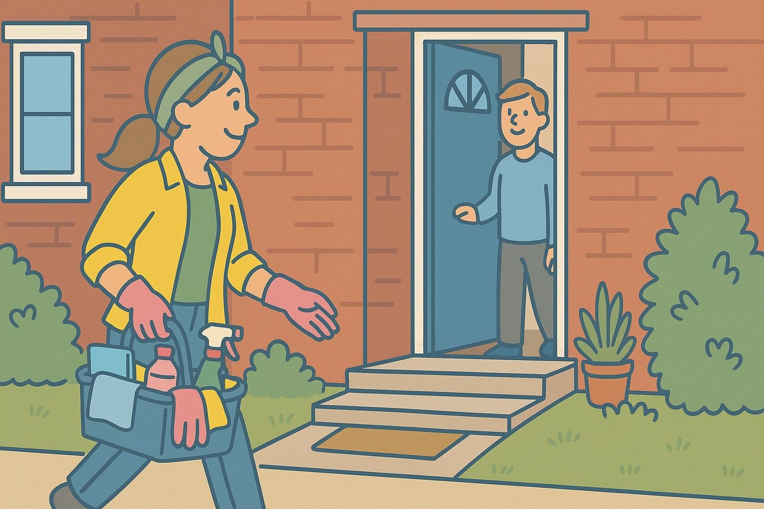 Woman with cleaning supplies approaches a house. A man opens the door, smiling.