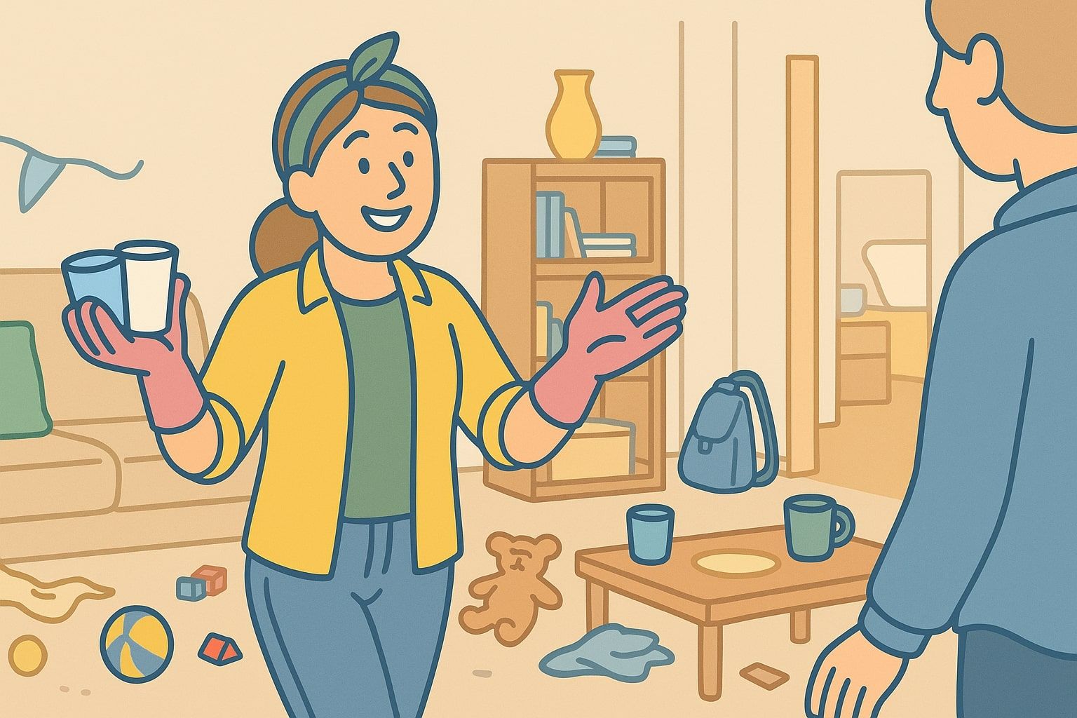 Woman in rubber gloves holds cups, gesturing in a messy living room, talking to someone.