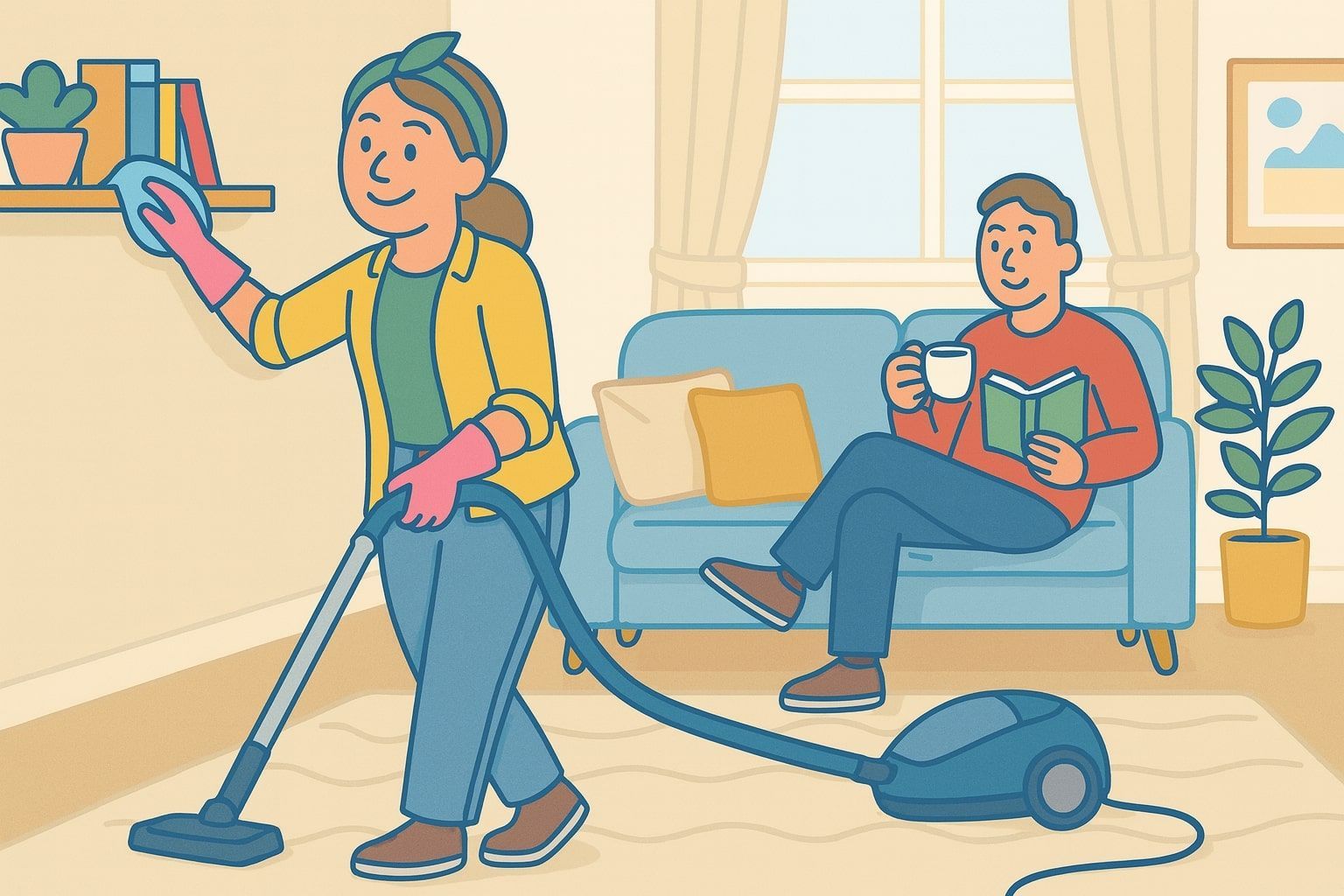 Woman vacuuming, wearing gloves, as man relaxes on couch reading. Home interior, light colours.