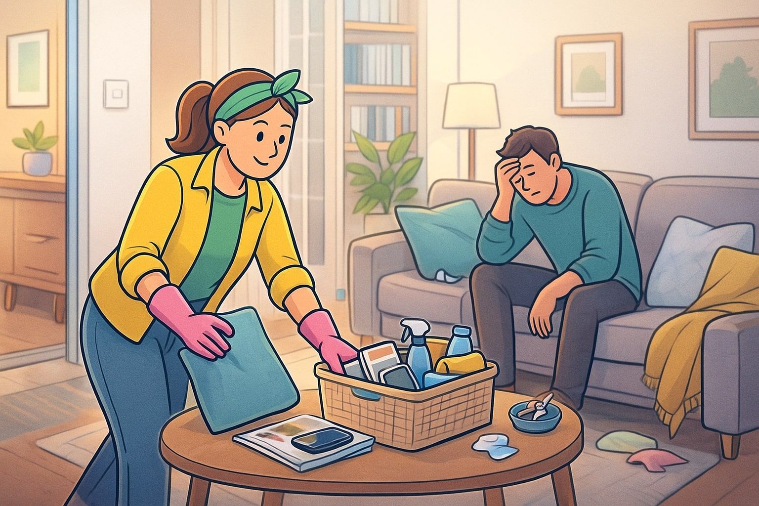 Woman cleaning, man on couch looking stressed in a messy living room.